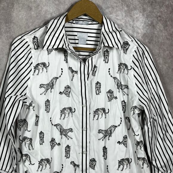 Chico's Shirt Womens Size 0 US 4‎ White Cheetah Print Striped No-Iron Tunic - Picture 2 of 9